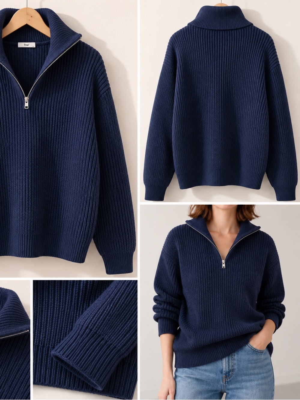TNA Navy Ribbed Half-Zip Turtleneck Sweater